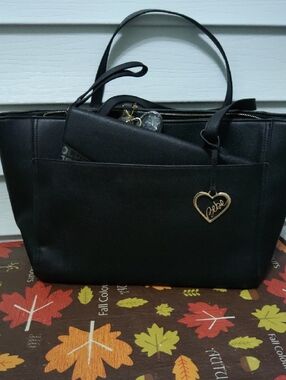 bebe Black Tote with Logo Print Clutch and Gold Accent